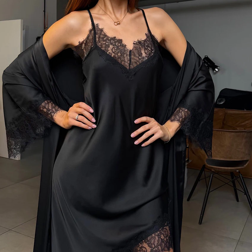 

Hiloc Women Satin Pajama Set 2 Piece Lace Trim Backless Criss Cross Slip Dress With Robe Sexy Long Nightgown Sleepwear 2026