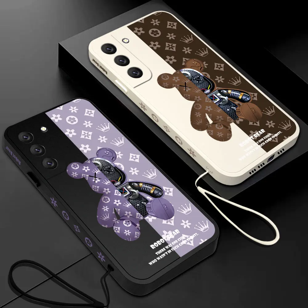 Cartoon Robot Bear Phone Case For Samsung Galaxy S24 S23 S22 S21 S20 Ultra FE S10 4G S10E Note 20 10 9 Plus With Lanyard Cover