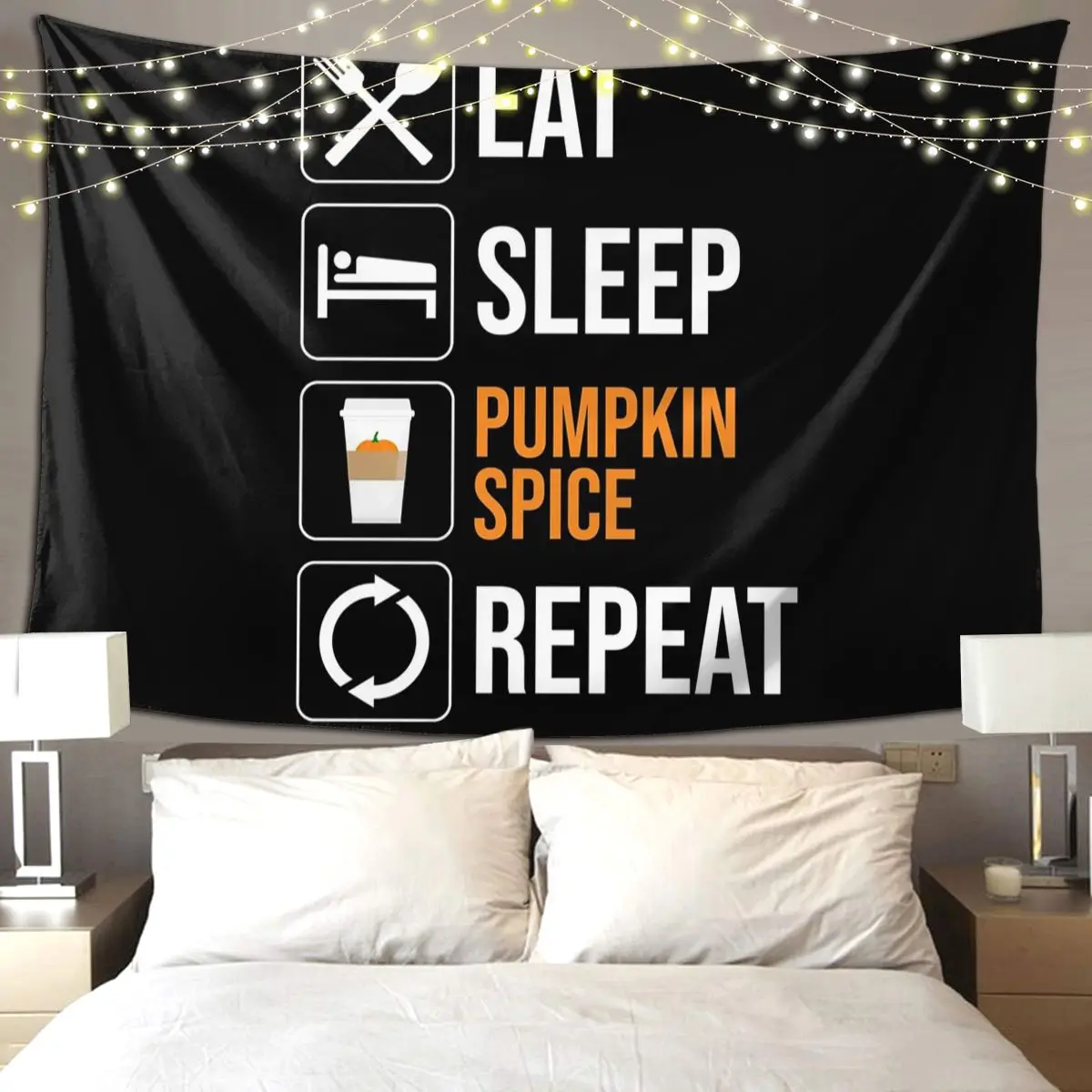 Eat. Sleep. Pumpkin Spice. Repeat Tapestry Hippie Wall Hanging Aesthetic Home Decor Tapestries for Living Room Bedroom Dorm Room