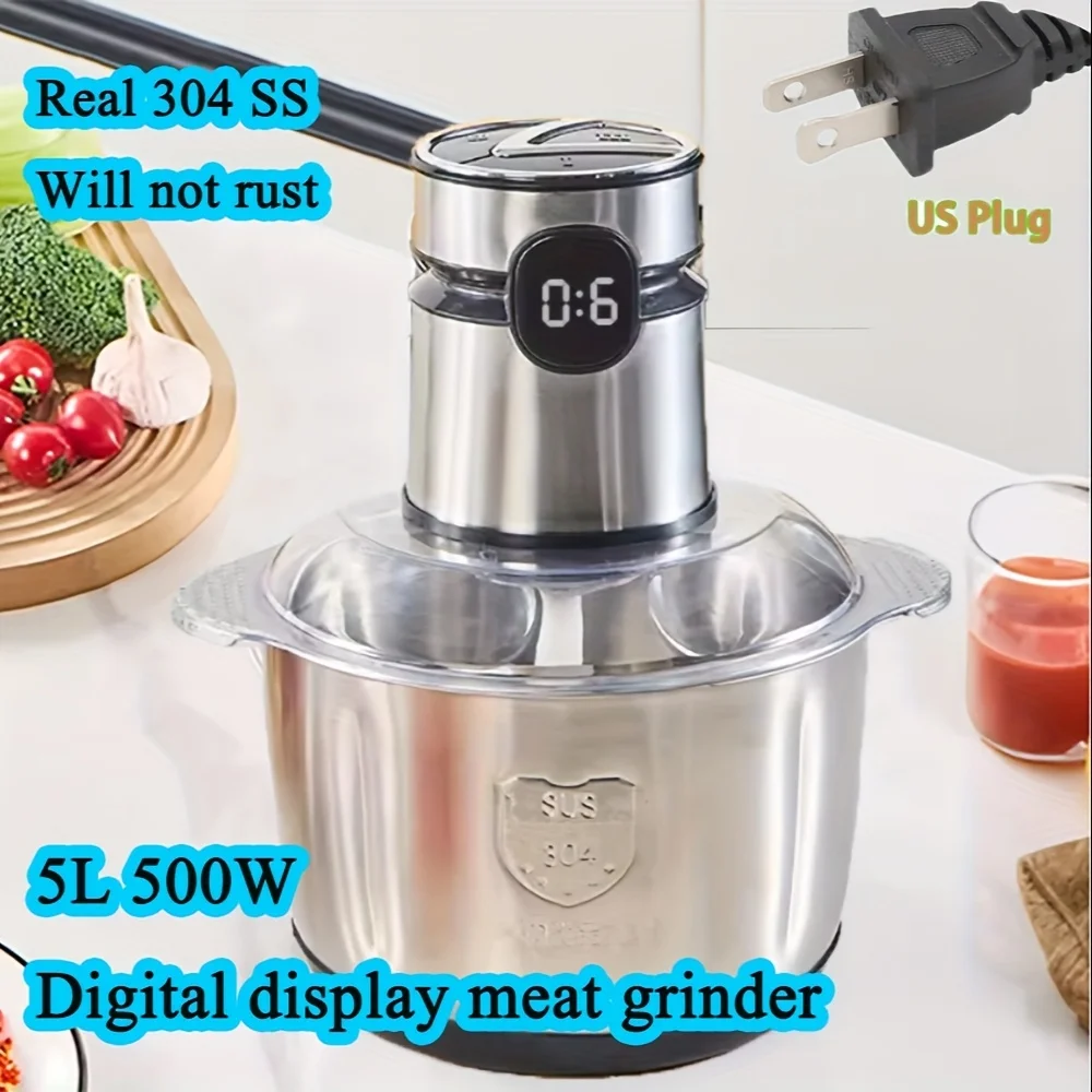 

US Plug 500W 3-Speed ​​Electric Food Chopper and Meat Grinder - 1.32 Gallon Large Capacity True 304 Stainless Steel Chopper