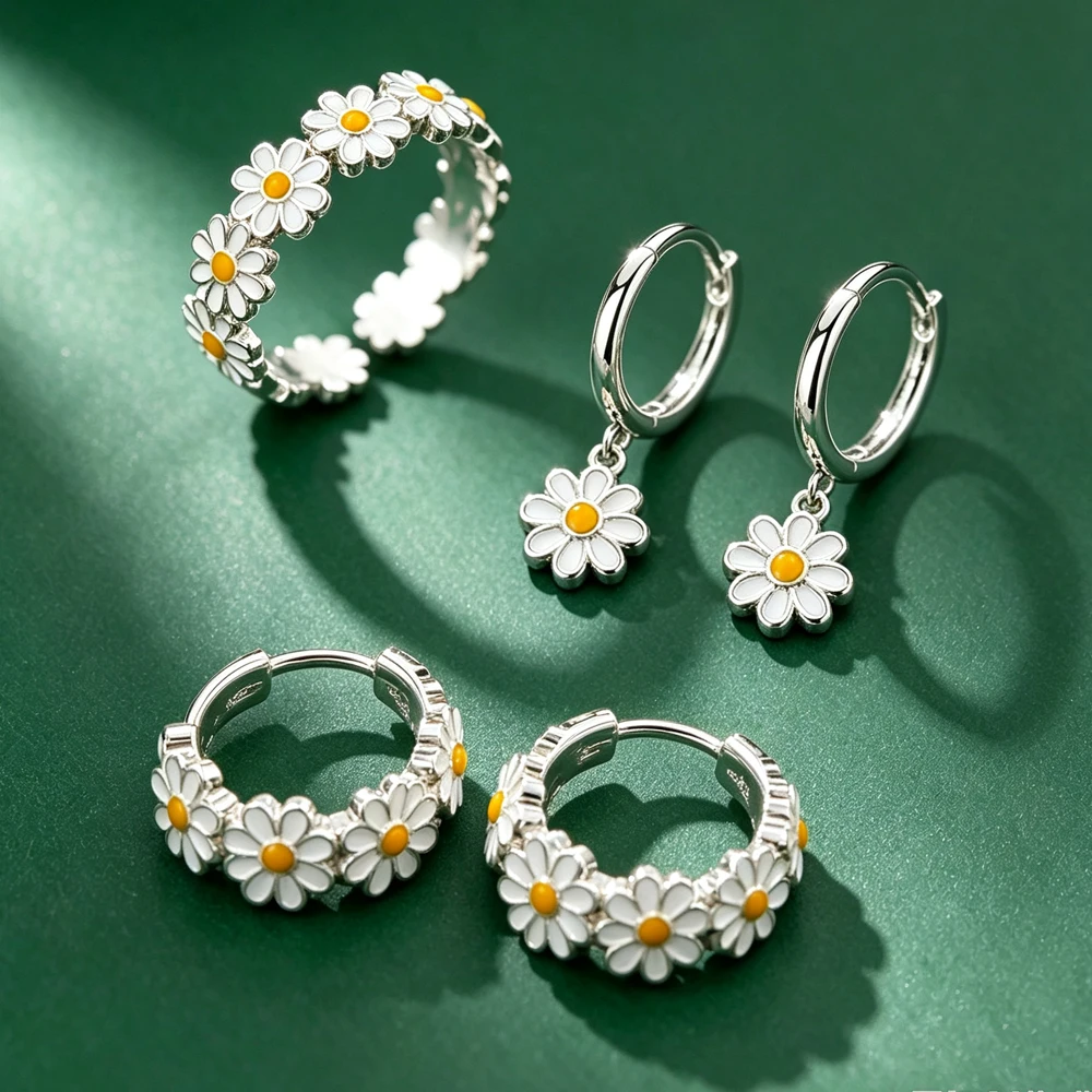 ZAKOL 3 Styles Daisy Flowers Fashion Accessories Adjustable Open Ring Earrings Set for Women Girls Korean Cute Ear Jewelry