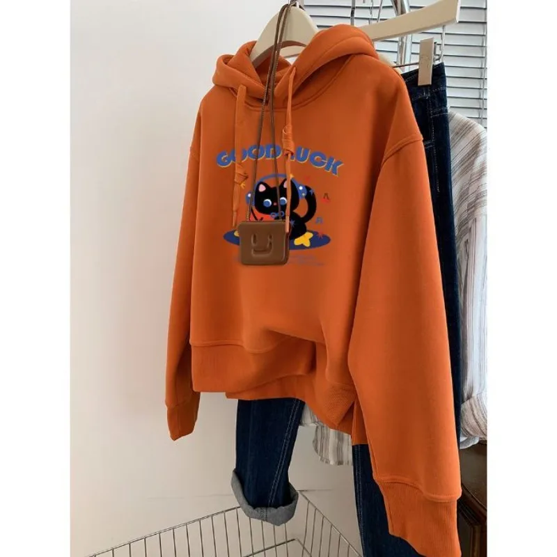 

Fashionable Orange Hooded Long-sleeved Sweatshirt for Women Velvet and Thickened American High Street Brand Top