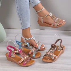 Sandalias de cuña bohemias para mujer, zapatos de plataforma informales con diamantes de imitación, Punta abierta, playa al aire libre, Verano