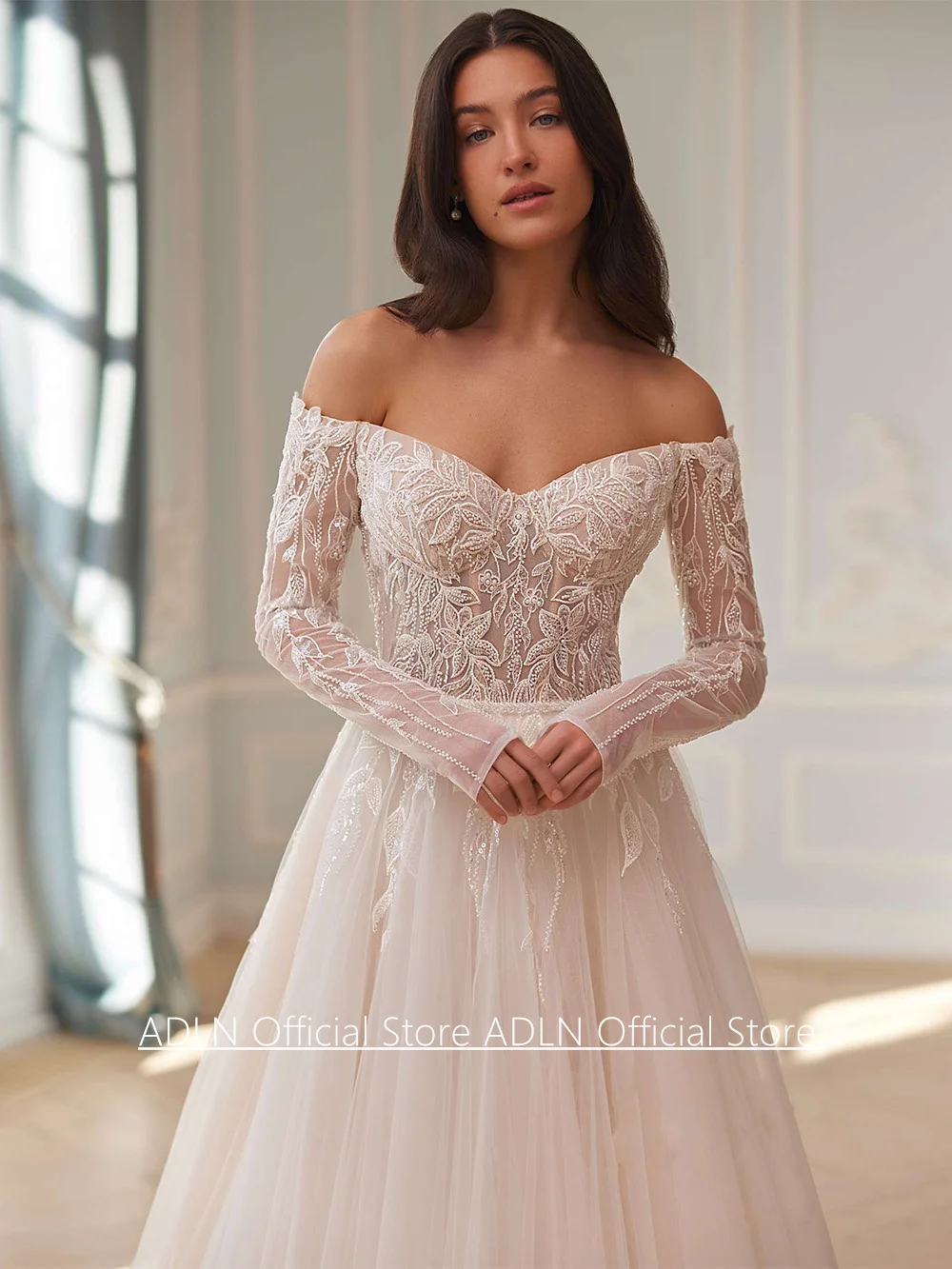 سيدة فستان زفاف جديد مخصص الخامس الرقبة طويلة الأكمام الدانتيل زين الديكور حزام تول سويب تراين رداء دي ماري زي العرائس #3