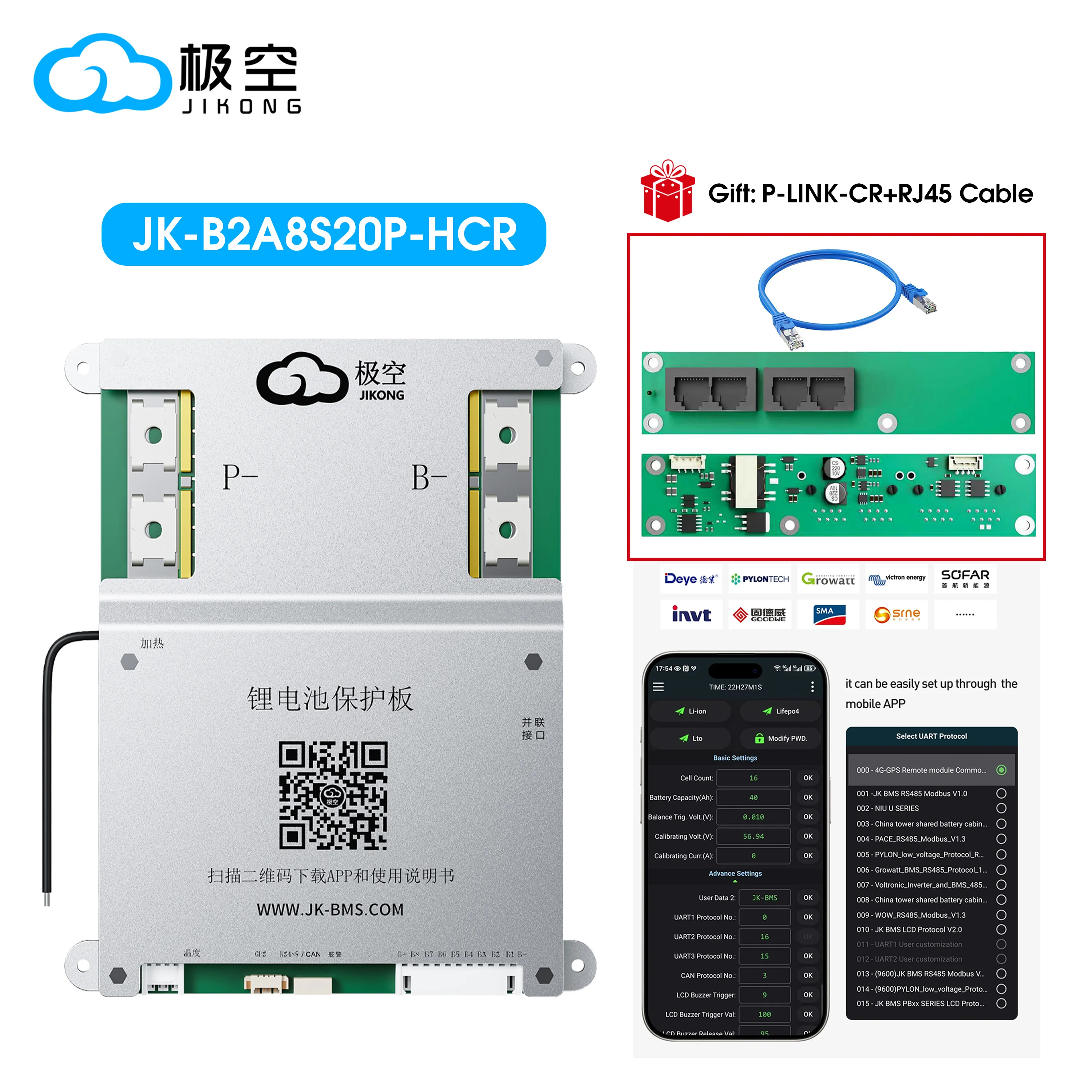 JK BMS Jikong 8S 200A BMS JK-B2A8S20P 4S 5S 6S 7S 8S 24V Aktiver Balancer 2A BMS für LiFePO4 Li-Ionen-Batterie mit Heizung RS485 CAN App BT – Detail 1