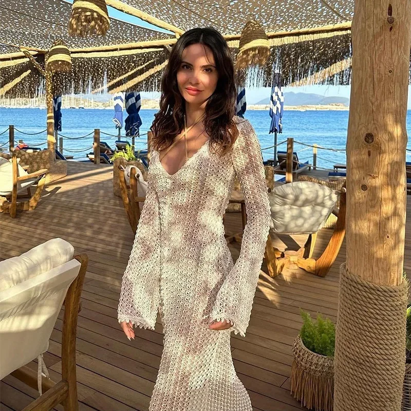 Para Praia 니트 비키니 커버 업 2025 Beachwear 롱 셔츠 비치 맥시 롱 드레스 Sarong 여성 루즈 카디건 수영복 커버