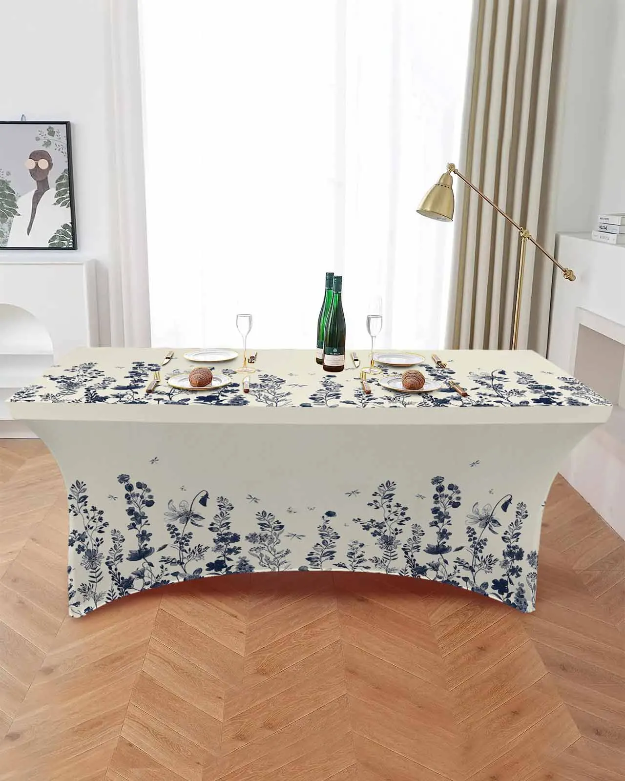 Flowers Foliage Dragonflies Vintage Elastic Table Skirt Wedding Hotel Birthday Table Cover Buffet Table Tablecloth Decor