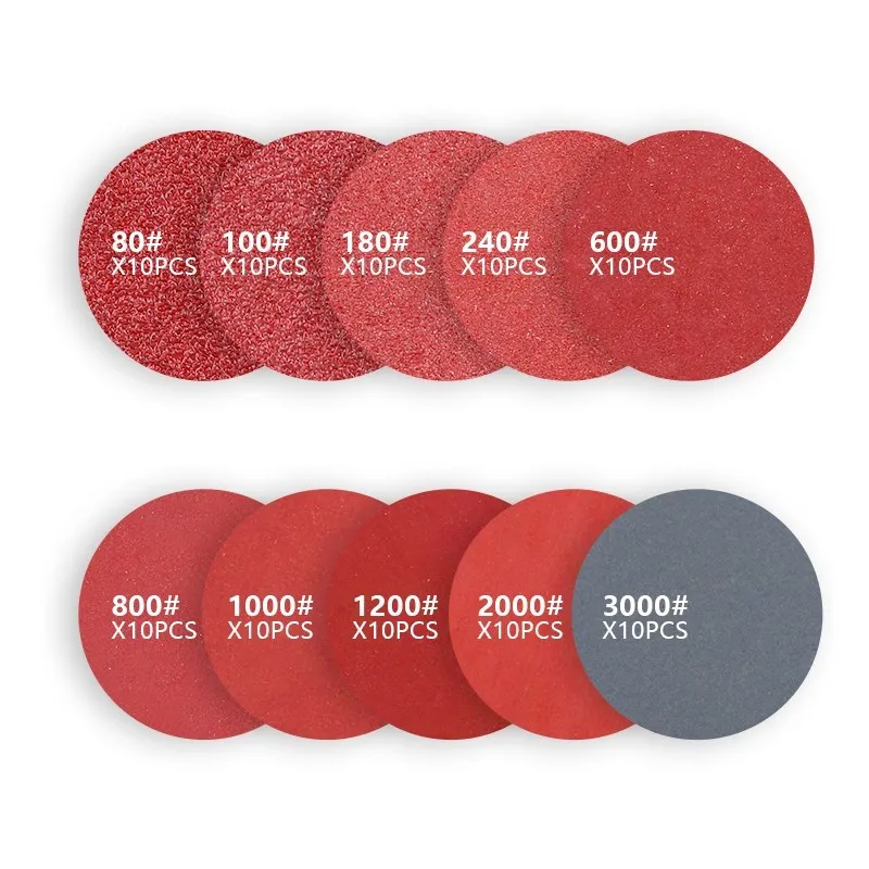 10PCS 5 Inch 127MM Aluminum Oxide Dry Sandpaper Sanding Discs Hook Loop For Stone Round Red Disk Sand Sheets Disc Self Adhesive