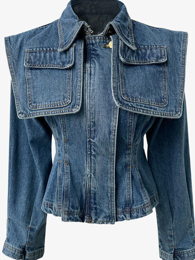 Denim Jacket For Women\'s Spring Autumn Blue Large Lapel Shawl Poket Denim Coats Women Female Spring Jacket Jean Jacket