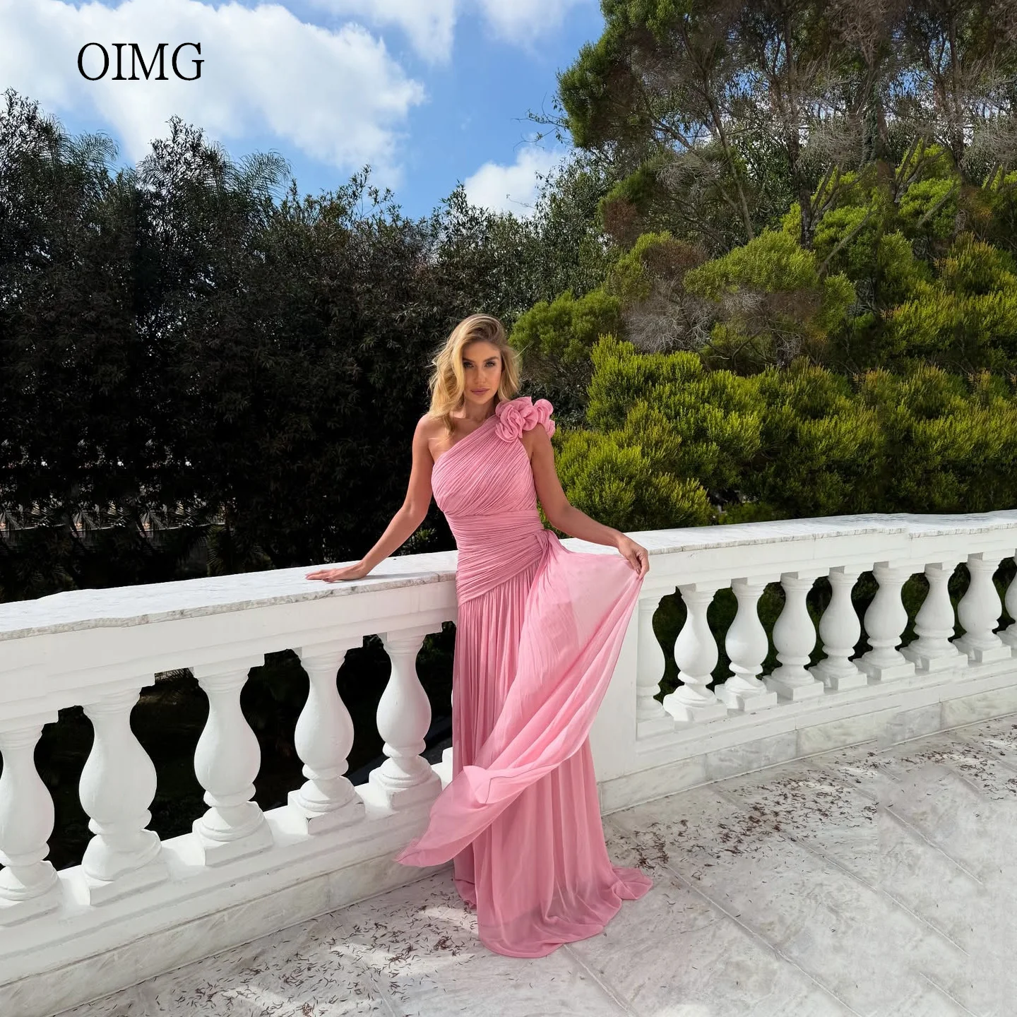 

OIMG Maxi Pink A Line Prom Gowns Flower One Shoulder Party Gown Vacation Floor Length Evening Dress 2025 Customized