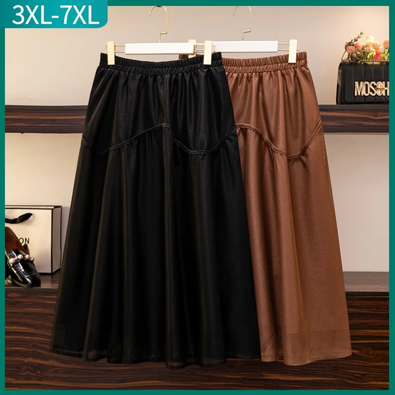 

New 2022 Spring Autumn Plus Size Skirt For Women Large Loose Casual A-line Gauze Black Long Pleated Skirt 3XL 4XL 5XL 6XL 7XL