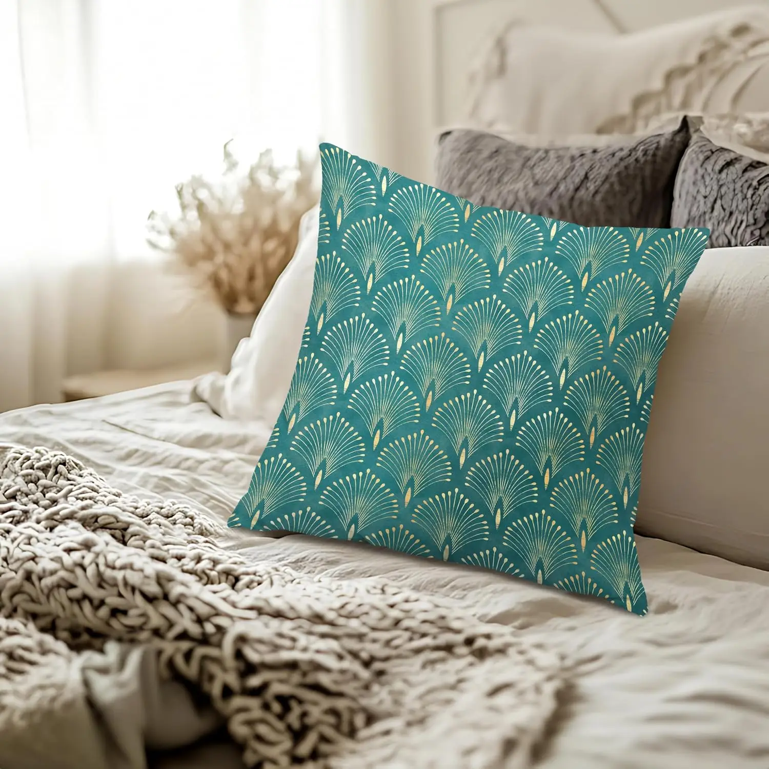 Turquoise Green and Gold Art Deco Abstract Pillow Covers 18x18, Art Nouveau Decor, Boho Modern Aesthetic Fanshaped Decorative Th
