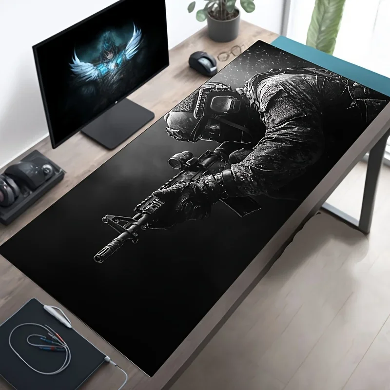 Großes Mauspad, taktisches Soldaten-Design, rutschfest, XXL-Schreibtischunterlage, Gaming-Zubehör, genähte Kanten für Zuhause und Spiel für FPS-Gamer