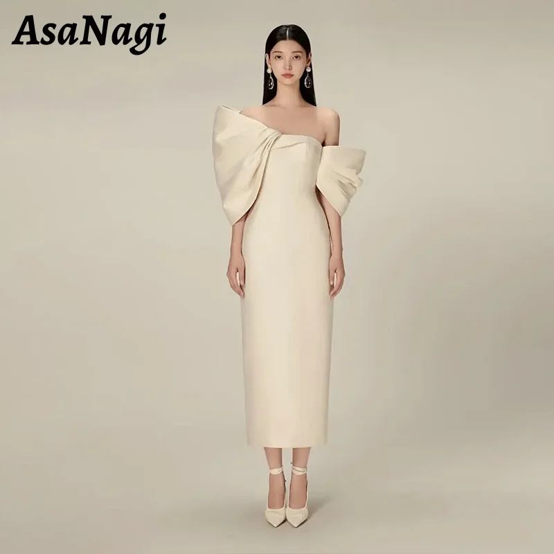 

AsaNagi Elegant Off Shoulder Prom Dress Women's Bow Straight Party Evening Gown Tea Length Zip Back Slit Special Occasion Gowns