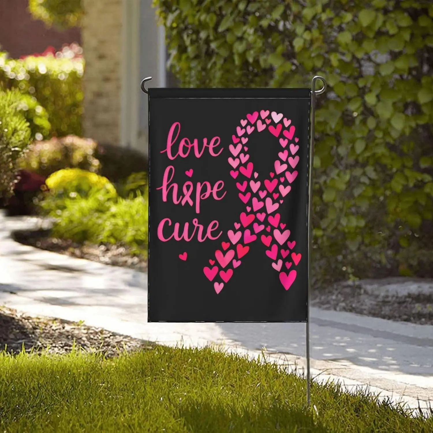 Breast Cancer Awareness Garden Flag 12x18 Double Sided Pink Ribbon Love Hope Cure Flags for Yard Outdoor Decor, Small Season llz