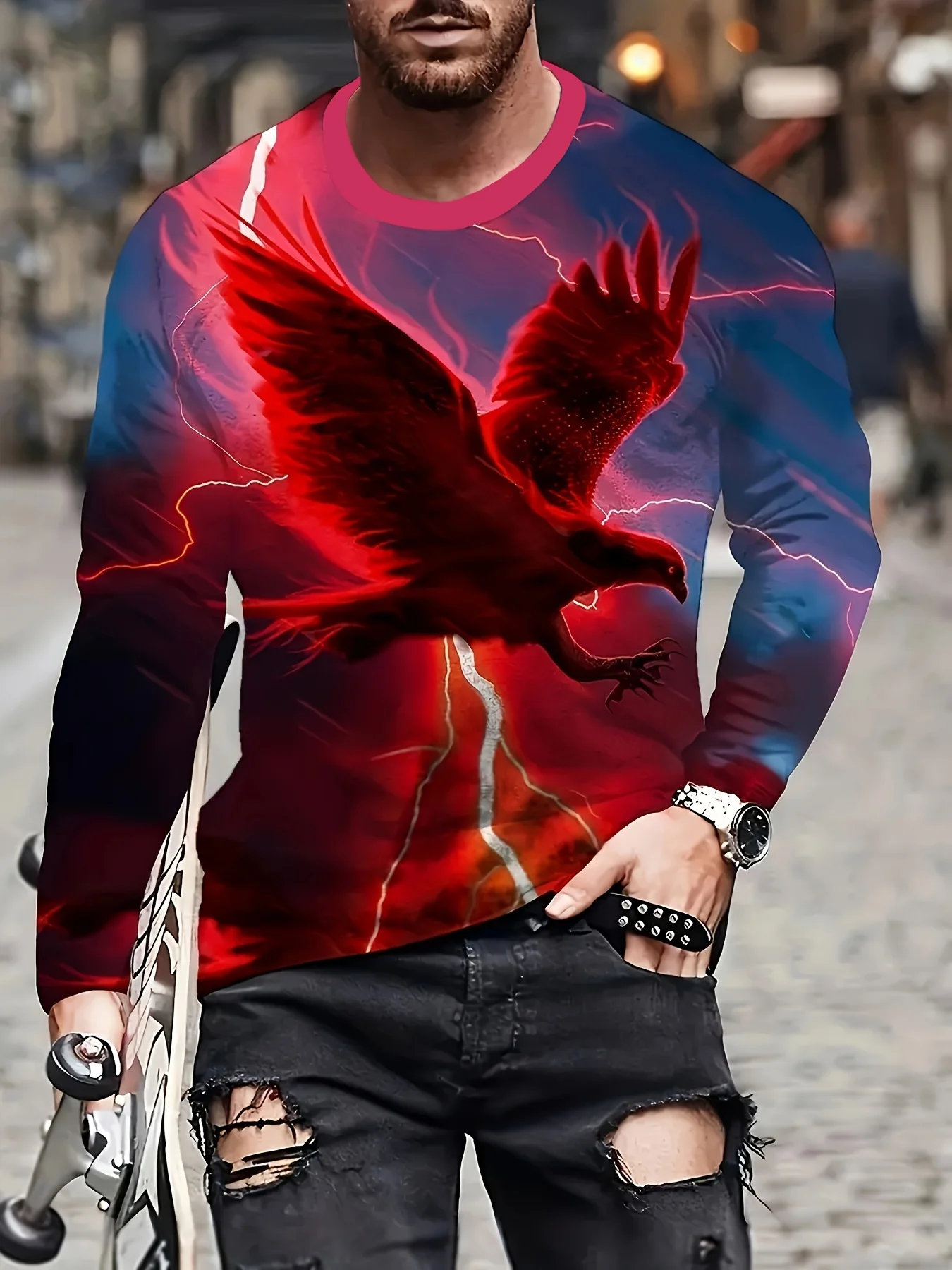 

3D Eagle Pattern Print T Shirt Mens Autumn Tops Round Neck Long Sleeve T-Shirts Vintage Clothes Oversized Tee Shirt Men's Shirts
