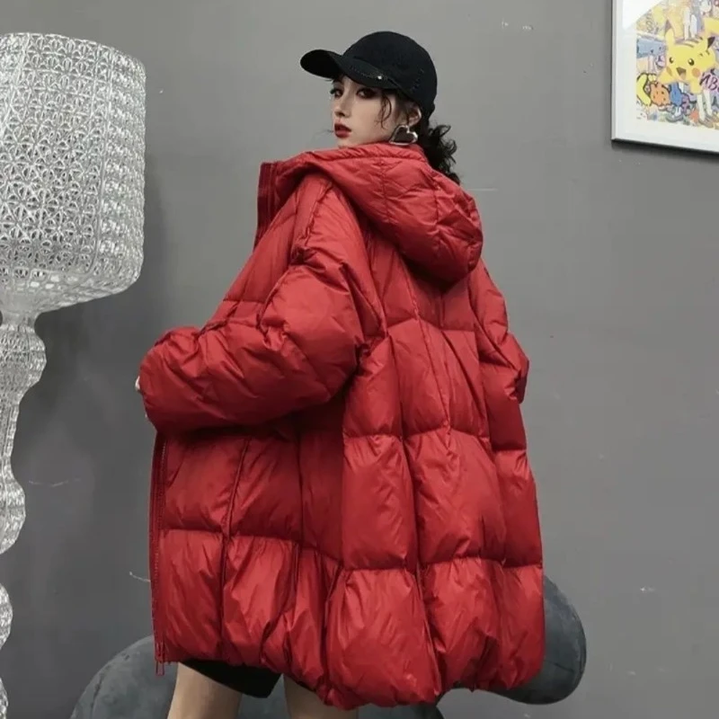 High Fashion Jas Losse Grote Koreaanse Donsjack Dames Dezelfde Stijl Trendy Middellange Witte Eendendons Capuchon Winter