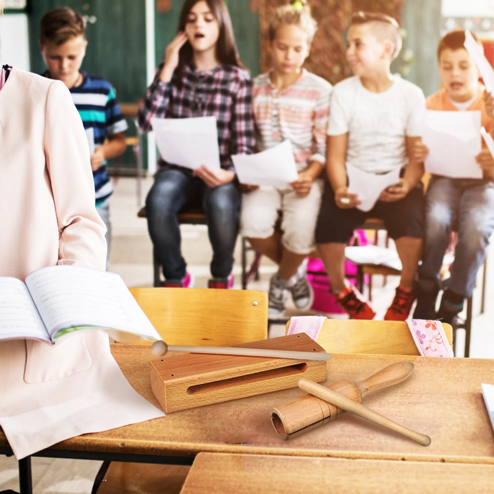 

2 set 2 Sets Wooden Block Handheld Tube Percussion Instruments With Mallets Safe Timber Polished Coordination Dexterity Family