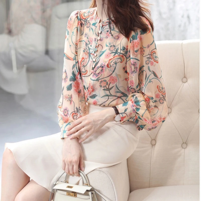 Thin Floral Loose Elegant Long Sleeve Blouse Spring Autumn Print All-match Vintage Shirt Tops Fashion Temperament Women Clothing