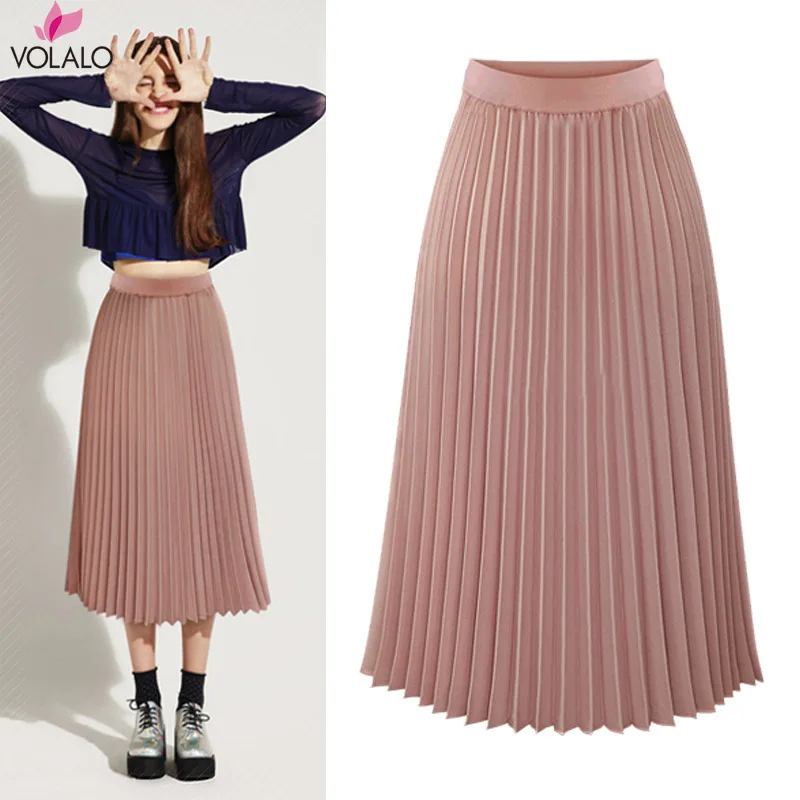 

VOLALO Summer Fashion Long Pleated Skirts Woman 2024 Chiffon Folded Skirts Loose Solid Colour Beach Maxi Skirt