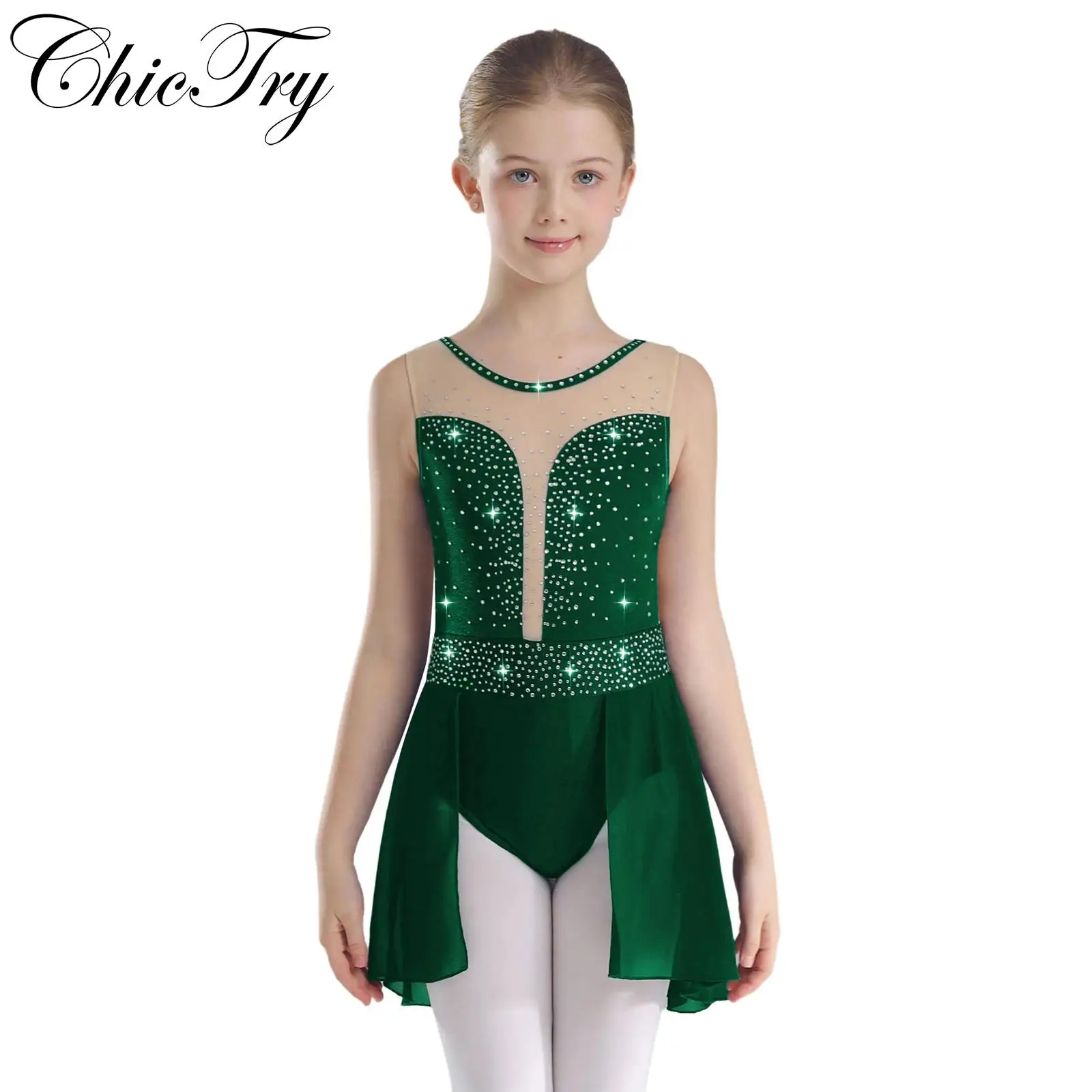 

Rhinestone Gymnastics Leotard Dress for Kids Girls Figure Ice Skating Sleeveless Mesh Tutu Ballet Lyrical Performance Costume