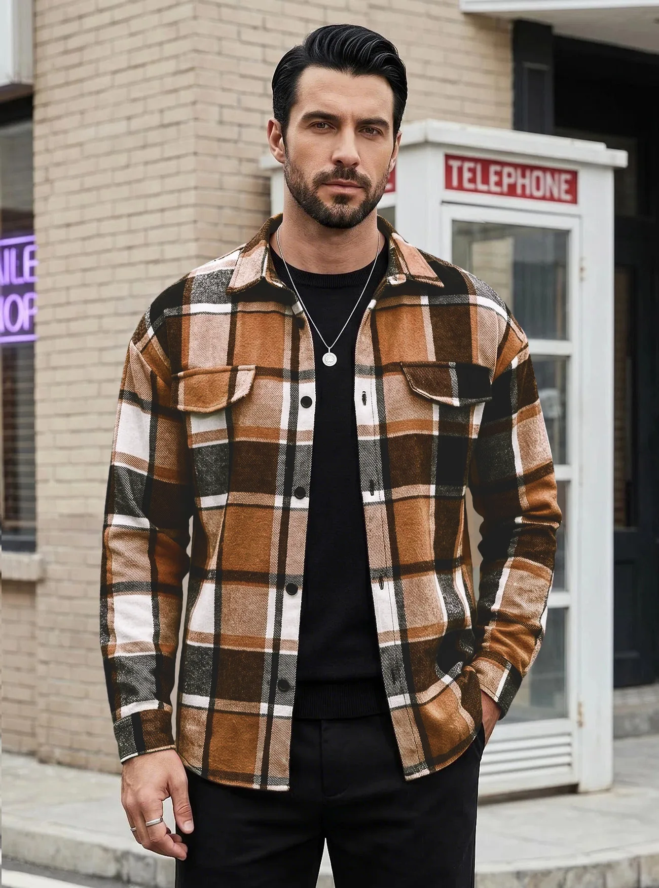 Men's retro checkered long-sleeved loose-fitting lapel jacket, an outdoor, casual, sporty, autumn daily streetwear coat