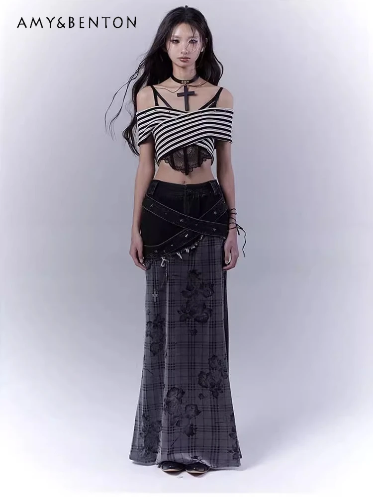 Originele geruite retro rozenprint denim stiksels veelzijdige rok vrouwen subcultuur goth hoge taille fishtail rok straat y2k rok