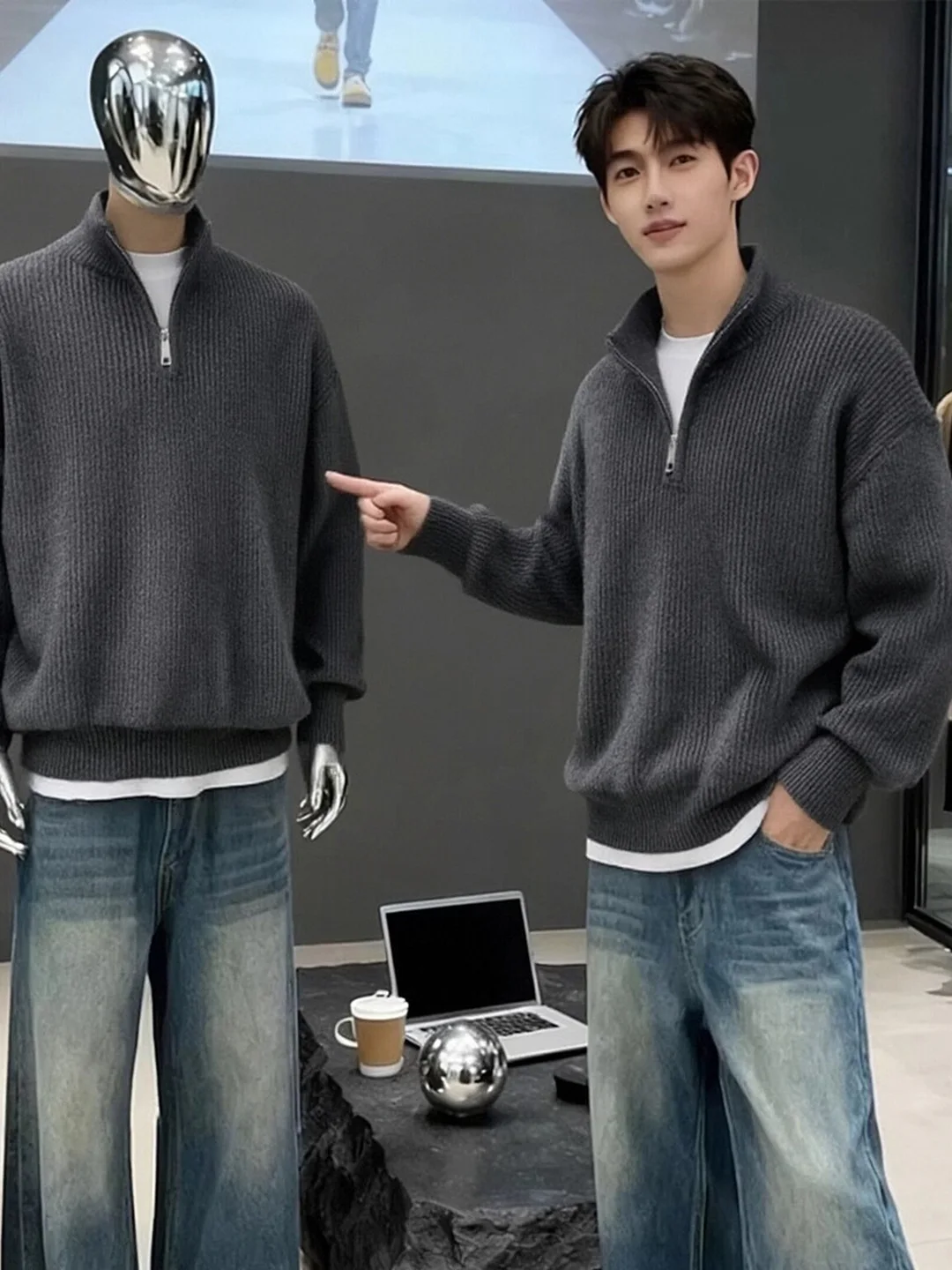 

Мужской вязаный свитер с воротником-стойкой на молнии, теплый базовый слой, мягкий, свободного кроя, для зимы, активного отдыха и повседневной носки