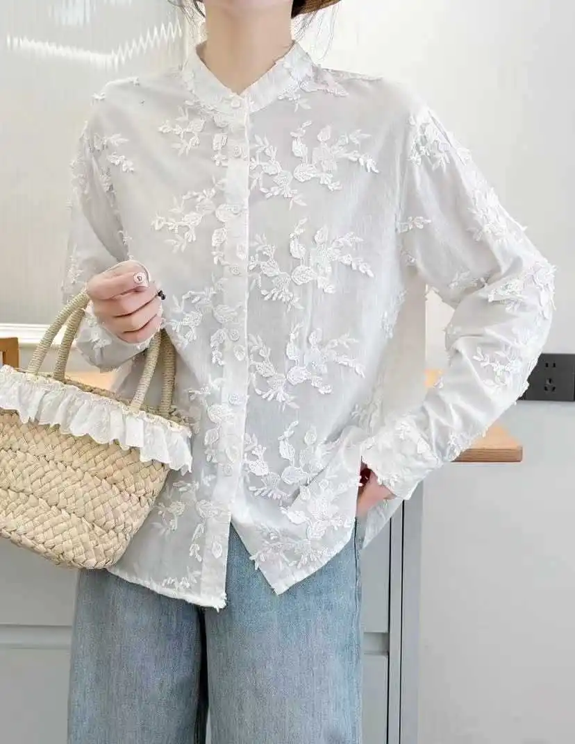 Nowa koszula z długim rękawem z bawełny na jesień 2025, damska stójka z haftem kwiatowym 3D, bluzka w stylu Mori Girl Retro Sweet Chic Loose T570114CC