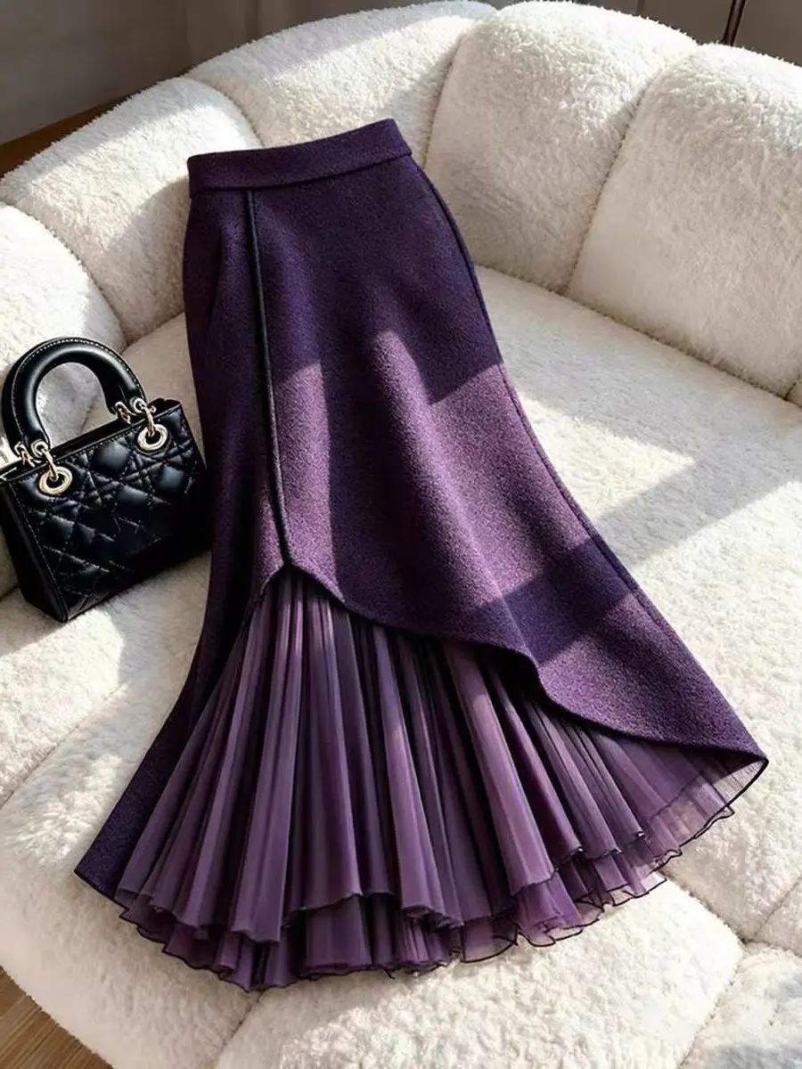 Women Purple Patchwork A-Line Midi Skirt, Winter 2026 High Waist Flared Skirt for Pear Shaped Hips