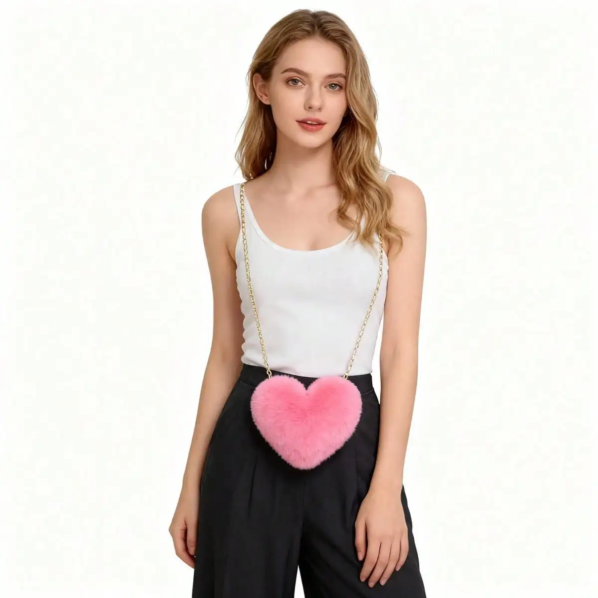 Imitation Rex Rabbit Fur Heart-Shaped Cute Women's Shoulder Bag - Mini Breathable Ultra-Light Heart-Shaped Bag, Soft Skin-Friendly Imitation Rex Rabbit Fur Material, Comes With Chain, Solid Color Fashionable Shoulder/Crossbody Switchable Women's Accessory