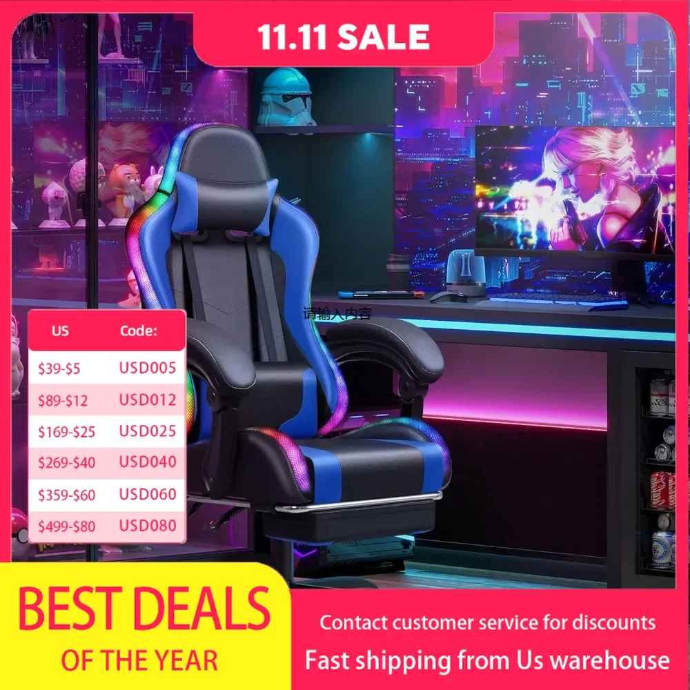 Gaming chair, ergonomic, gaming chair with footrest and massage lumbar support, height-adjustable, with swivel seat and headrest