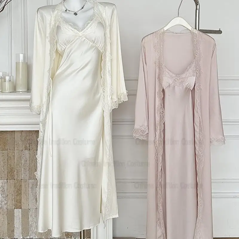 Long Vintage Palace Style Robe Set 2Pcs Nightdress Kimono Bathrobe Suit Lady Satin Sleepwear Sexy Lace Lingerie Homewear
