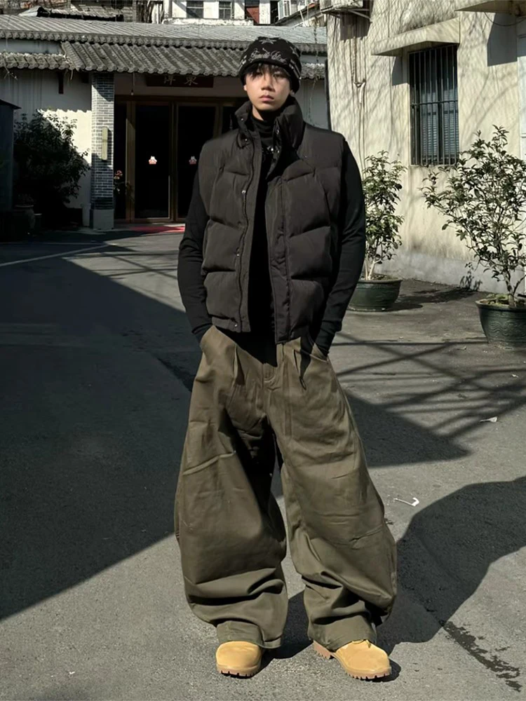 Black Stand Collar Thickened down Vest Set Men's Autumn Winter Fashion Casual Loose Fit No Sleeve High End Feeling Workwear