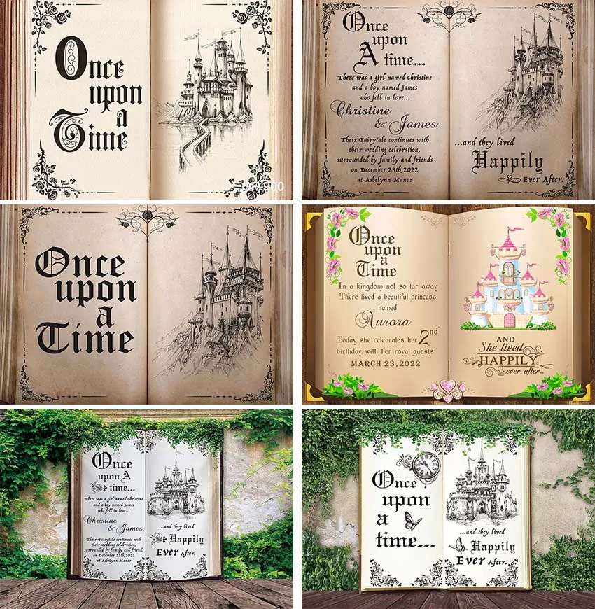 

Fairy Tale Books Backdrop Old Opening Book Once Upon A Time Ancient Castle Princess Romantic Story Photo Background Wedding