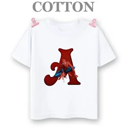 SpiderMan Letter A-Z Children T-Shirt Girl Boy Kawaii Cartoons Clothes Kid Tee Shirts Baby Casual Fashion Short Sleeve Top