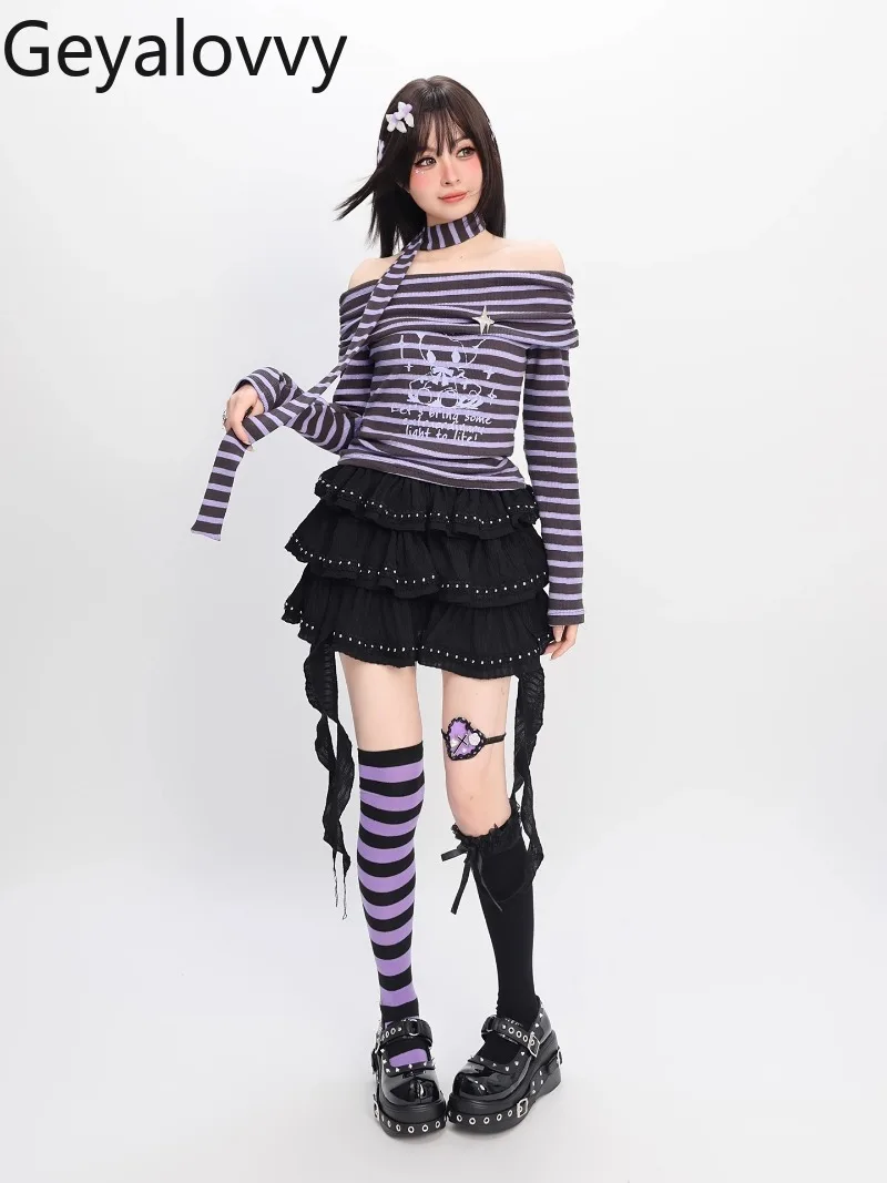 

Japanese Style Original Off-Shoulder Striped Long Sleeve Top Sweet Girls Versatile Cartoon Print Slim Fit Early Autumn T-Shirt