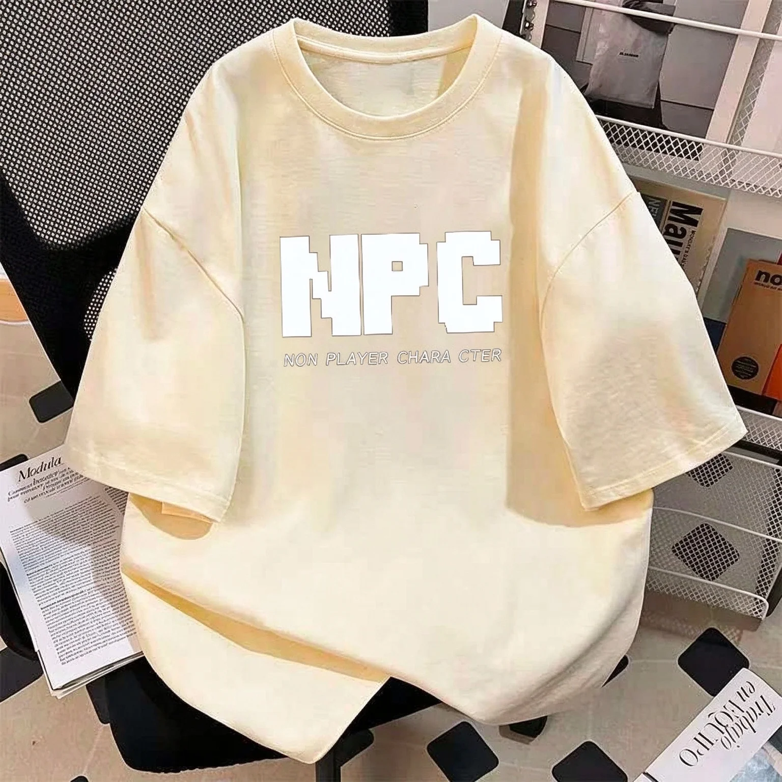 Men Women NPC Pixel Letter Print T-Shirt Casual Loose Short Sleeve Top Streetwear Black White Grey Navy Cream