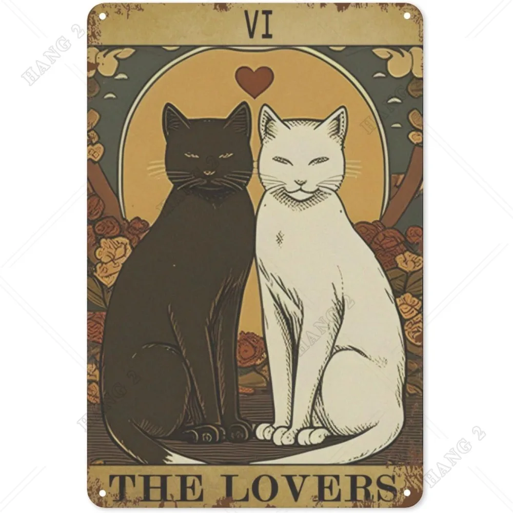 Metall Zeichen Katze Tarot Poster Retro Wand dekoration Vintage Zinn Zeichen für Home Schlafzimmer Büro Katze Liebhaber Geschenk schwarz weiß VI-THE Liebhaber
