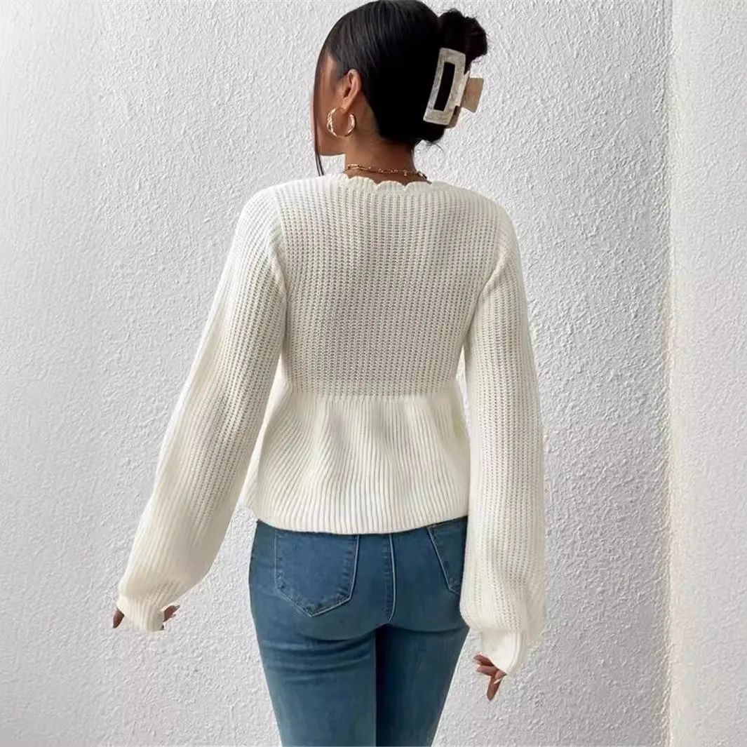 Women's Winter Clothes V Neck Lantern Sleeve Sweater Dress with Ruffle Hem Drawstring Loose Fit Street Style Solid Color