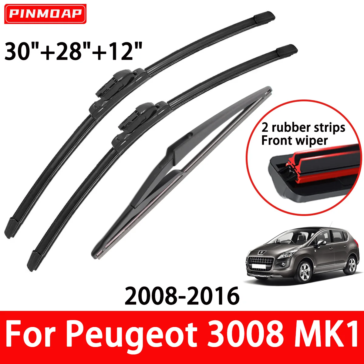 Kfz-Wischerblätter mit zwei Gummistreifen, geeignet für Peugeot 3008 MK1 2008–2016, Zubehör für vordere und hintere Wischerblätter