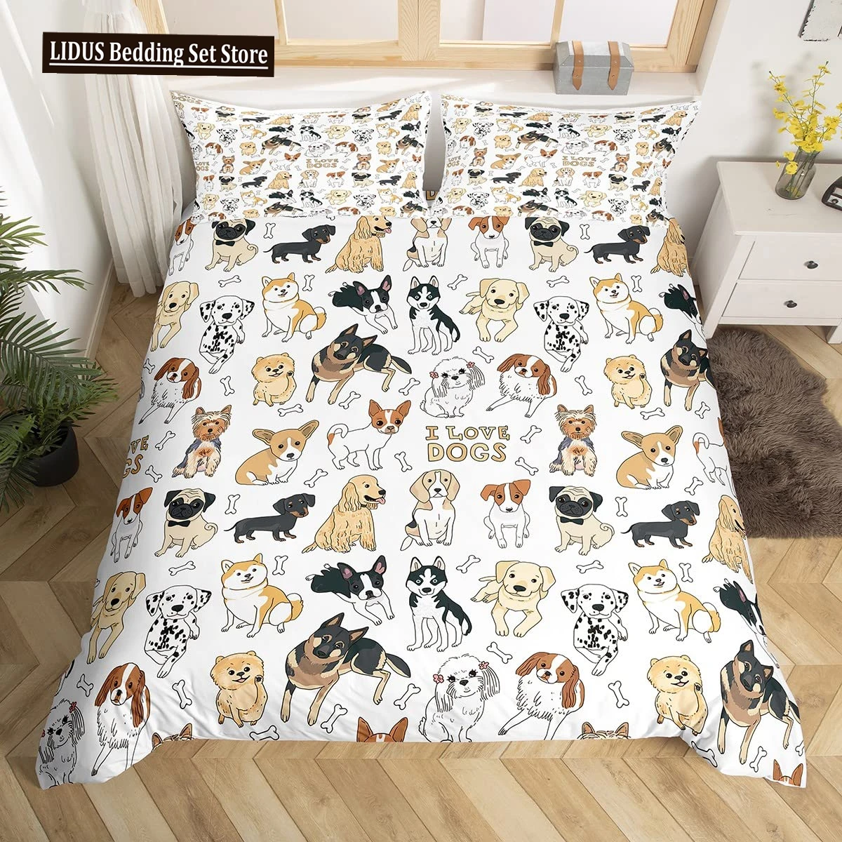 

Pug Corgi Shiba Puppy Duvet Cover Set Dog Comforter Cover I Love Dogs Bedding Sets Kawaii Animals Cartoon Bedspreads Full Size