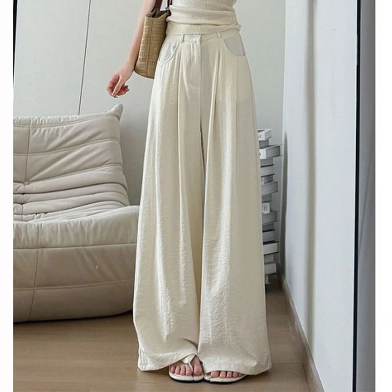 2025 Classic Women Ice Silk Pants Lady Solid High Baggy Waist Casual Trousers Girls Korean Fashion Thin Wide Leg Pants