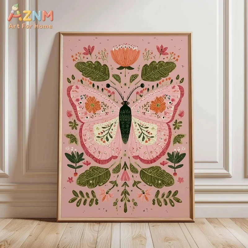 AZNM Folk Art Floral Butterfly Canvas Wall Art Pink Background Botanical Flower Vintage Print Unframed Canvas Aesthetic Room Dec