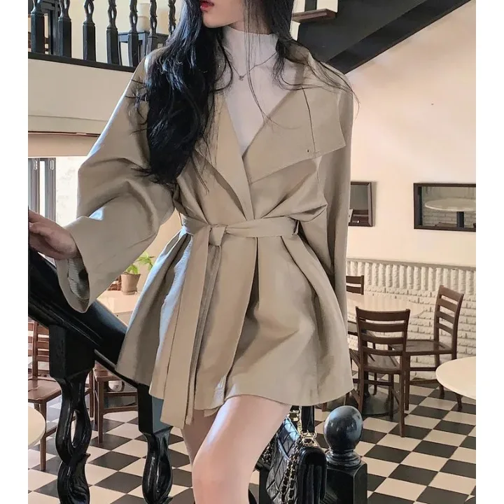

Women's Chic Leather Jaet Korean Sle Autumn Winter Design Versatile Waist-Cinching Slimming Ele Midi Length Coat