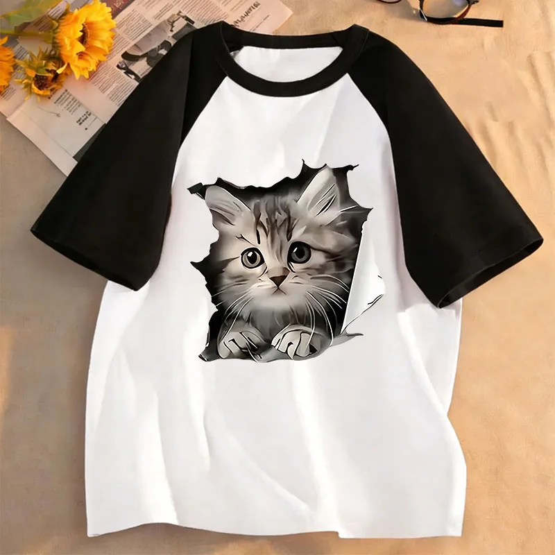 Cute Cat Graphic Kids Tshirts Summer Short Sleeve Tees Cartoon Animal Boys Girls Clothes Kawaii Kitten Tops Y2K Children T-shirt