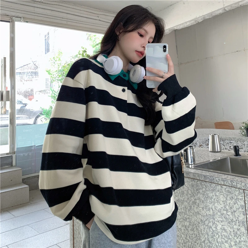 

2022 Autumn Winter Stripe Pullovers Hoodies Hooded Shirt Sweatshirts Harajuku Trendy Clothes For Women Sweatshirt Streetwear