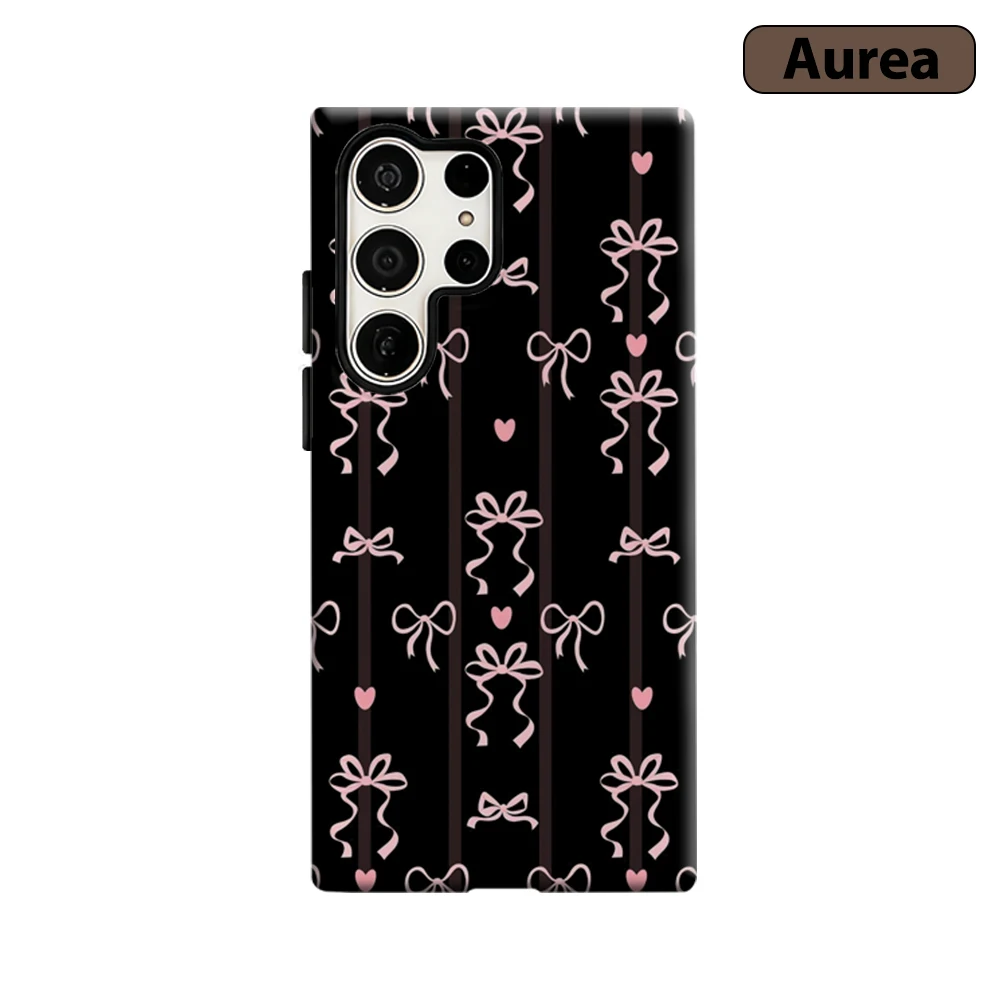 Black & Pink Bows Phone Case for Samsung Galaxy S25 Ultra S24 S23 Ultra Plus Shockproof Double Layer Tough Back Cover