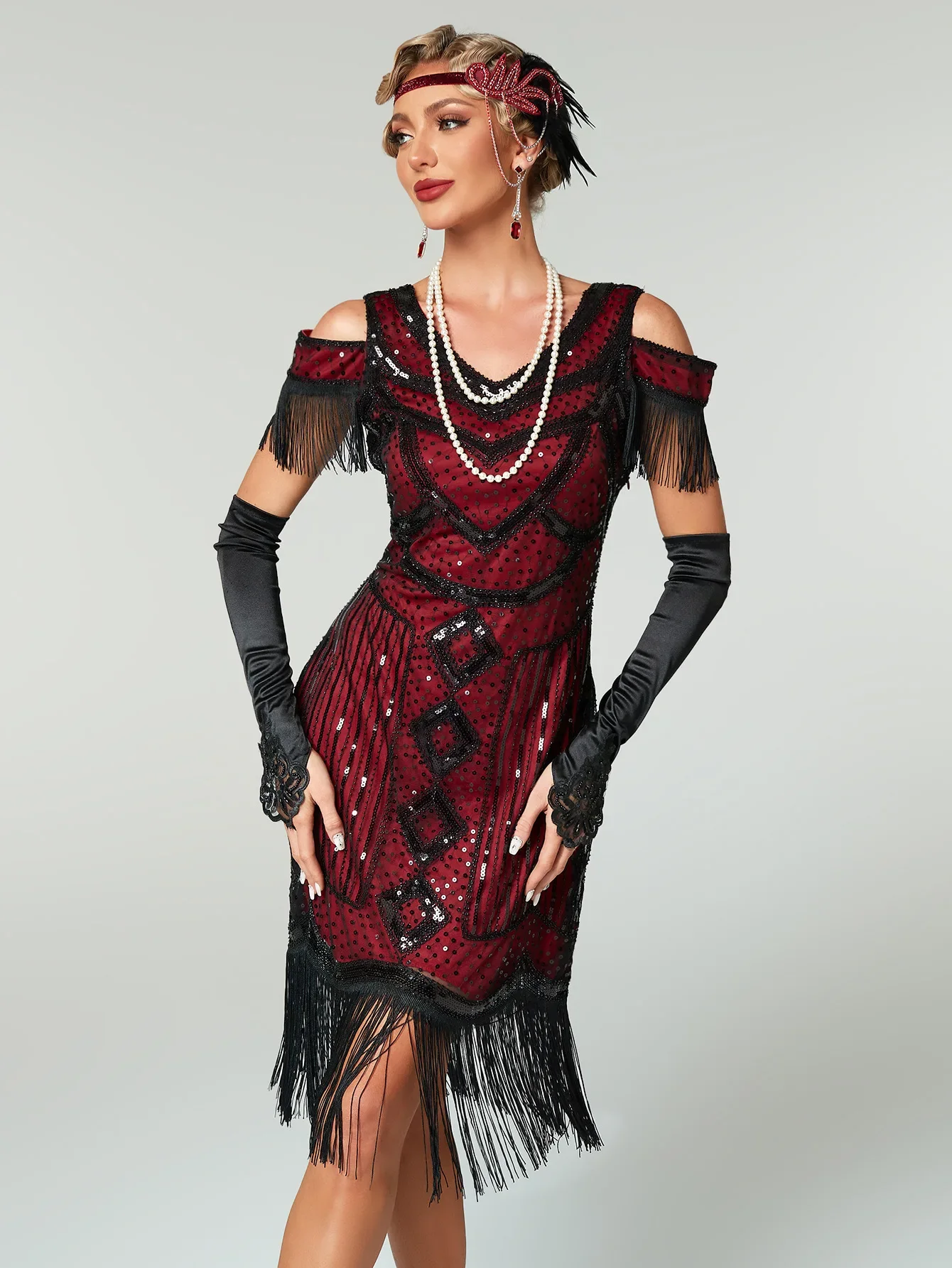 Women Sequin Fringe 1920s Party Costume Vintage V-neck Off Shoulder Beaded Dress Gatsby Dance Ball Party Cocktail Evening Dress