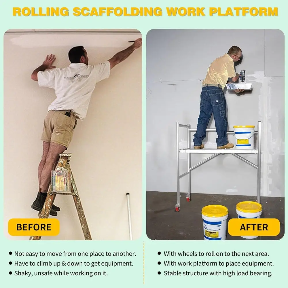 Plataforma de Andaime Ajustável com Rodas, 47,2 Polegadas de Altura, Capacidade de 500 lbs, Prata para Construção e Reformas Residenciais